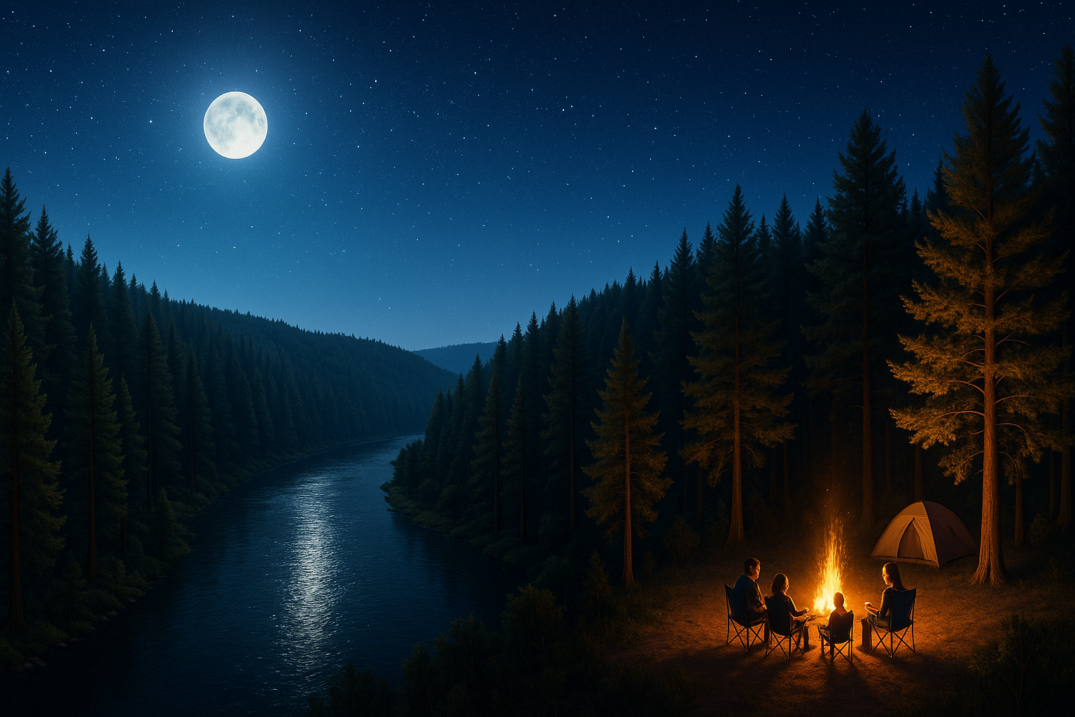 Cedar forest family campsite with dad, mom, and daughter all sitting in camping chairs around the campfire